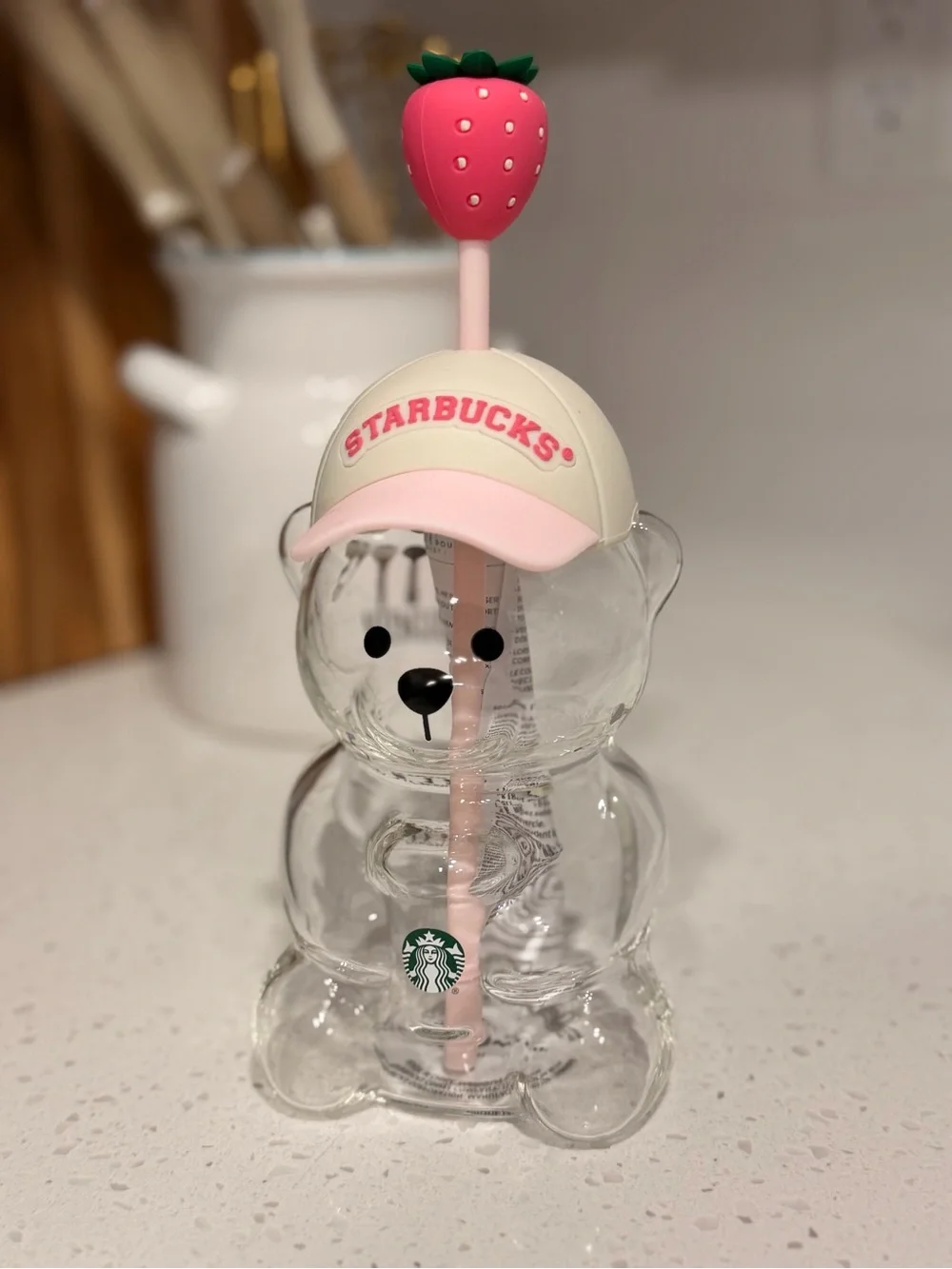 Starbucks Clear Bear Tumbler with Pink Straw and Strawberry Top